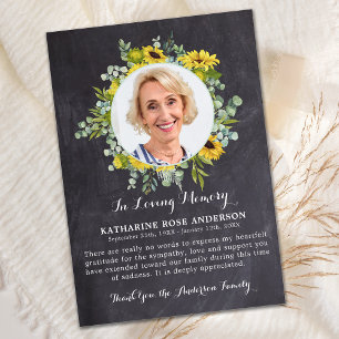 Carte De Remerciements Sympathie photo de l'ardoise de tournesol funérair