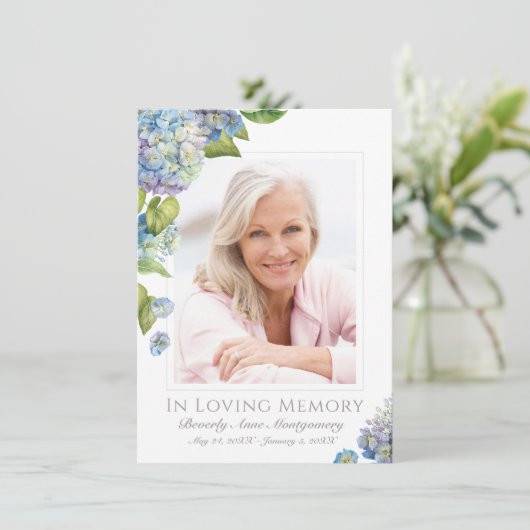 Carte De Remerciements Sympathy Blue Hydrangea Floral Photo Funérailles (Debout devant)