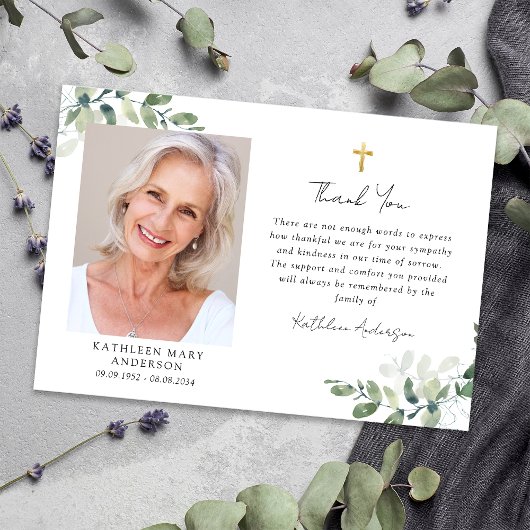 Carte De Remerciements Sympathy Eucalyptus Cross Photo Funérailles