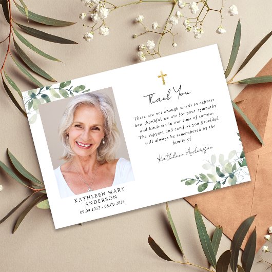 Carte De Remerciements Sympathy Eucalyptus Cross Photo Funérailles