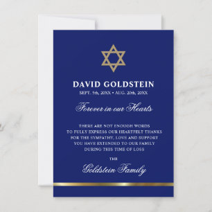 Carte De Remerciements Sympathy Memorial Etoile juive de David Black Gold
