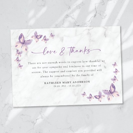 Carte De Remerciements Sympathy Papillons funéraires