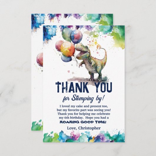Carte De Remerciements T-Rex Dinosaur Ballons Peinture Splash Anniversair (Devant / Derrière)