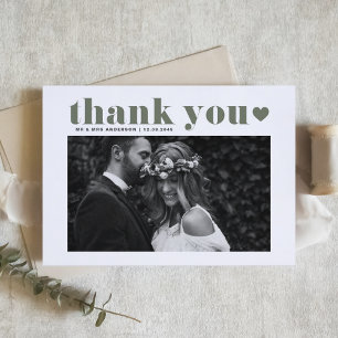 Carte De Remerciements Taupe Green Retro Bold Typographie Mariage photo