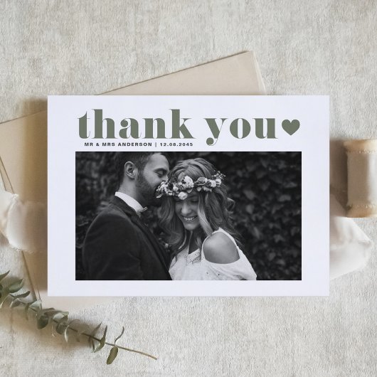 Carte De Remerciements Taupe Green Retro Bold Typographie Mariage photo