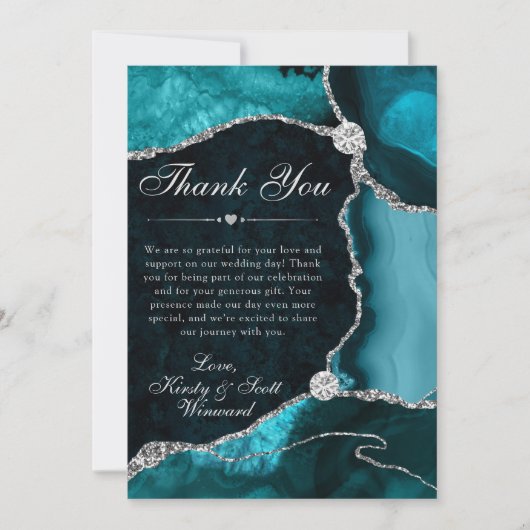 Carte De Remerciements Teal and Silver Faux Glitter Agate Wedding (Devant)