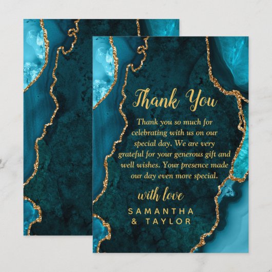 Carte De Remerciements Teal Blue and Gold Agate Marble Wedding (Devant / Derrière)