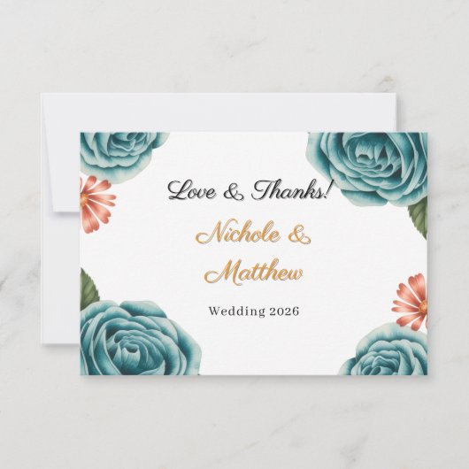 Carte De Remerciements Teal Rose & Orange Daisy Wedding  (Devant)