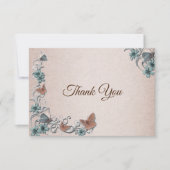 Carte De Remerciements Teal Silver Floral Copper Butterfly Tan Wedding (Devant)