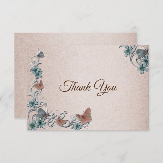 Carte De Remerciements Teal Silver Floral Copper Butterfly Tan Wedding (Devant / Derrière)