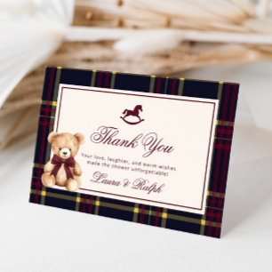 Carte De Remerciements Teddy Bear Classic Bourgogne Baby shower Plaid