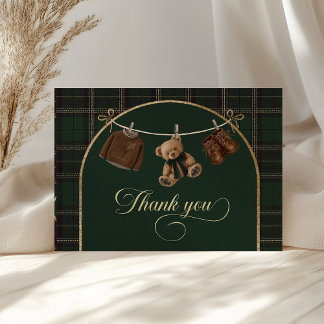 Carte De Remerciements Teddy Bear Green Tartan Baby Shower 
