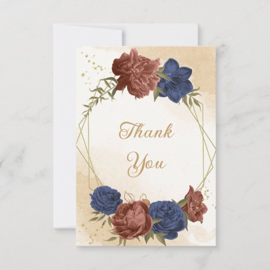 Carte De Remerciements terre cuite bleu marine fleuri mariage (Devant)