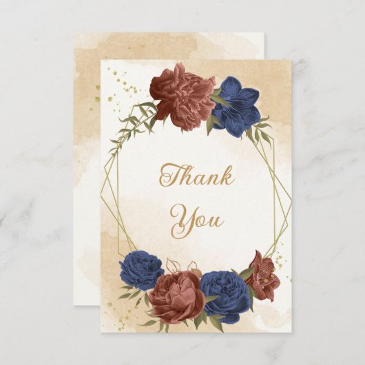 Carte De Remerciements terre cuite bleu marine fleuri mariage (Devant / Derrière)