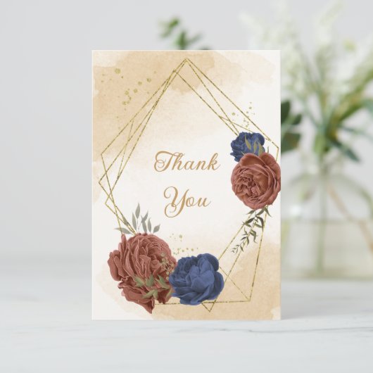 Carte De Remerciements terre cuite bleu marine fleuri mariage (Debout devant)