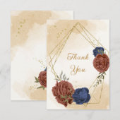 Carte De Remerciements terre cuite bleu marine fleuri mariage (Devant / Derrière)