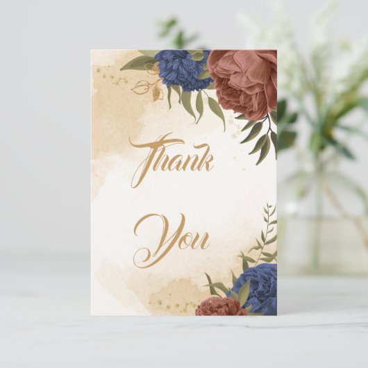 Carte De Remerciements terre cuite bleu marine fleuri mariage (Debout devant)