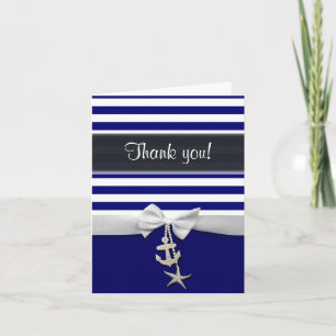 Carte De Remerciements Thank You Blue Nautical stripe & faux white ribbon