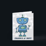Carte De Remerciements Thanks Fête du Robot bleu<br><div class="desc">Robot themed thank you notes for kids feobjets a cute futuristic robot waving blue and green with gray mechanical gears in the background.  "Thanks a 'bot" texte can be personalized.</div>