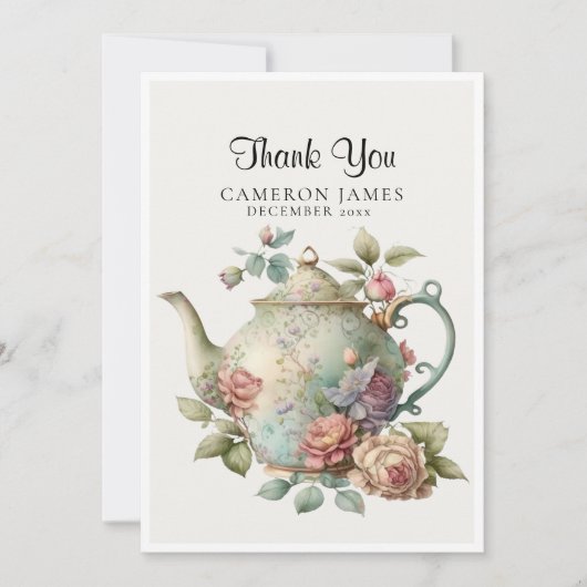 Carte De Remerciements Théière à l'aquarelle élégante Fête du thé floral (Devant)