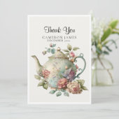 Carte De Remerciements Théière à l'aquarelle élégante Fête du thé floral (Debout devant)