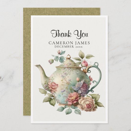 Carte De Remerciements Théière à l'aquarelle élégante Fête du thé floral (Devant / Derrière)