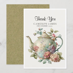 Carte De Remerciements Théière à l'aquarelle élégante Fête du thé floral