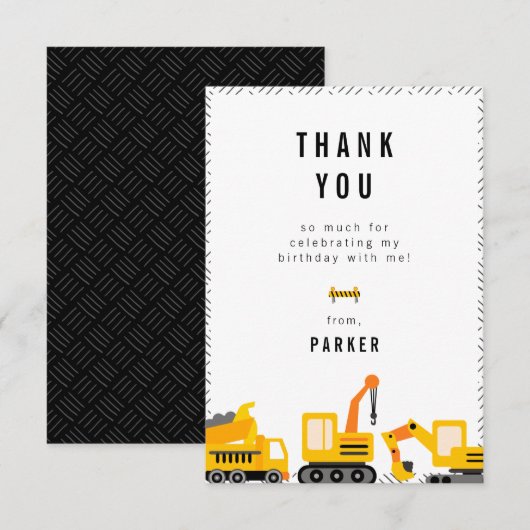 Carte De Remerciements Thème de camions de construction pour anniversaire (Devant / Derrière)