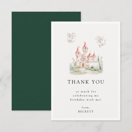 Carte De Remerciements Thème de château de dragon mignon pour fête d'anni (Devant / Derrière)