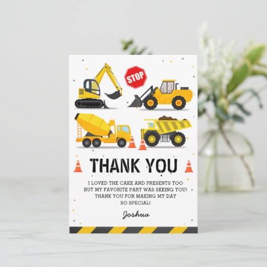 Carte De Remerciements Thème de construction Camions Anniversaire de enfa (Debout devant)