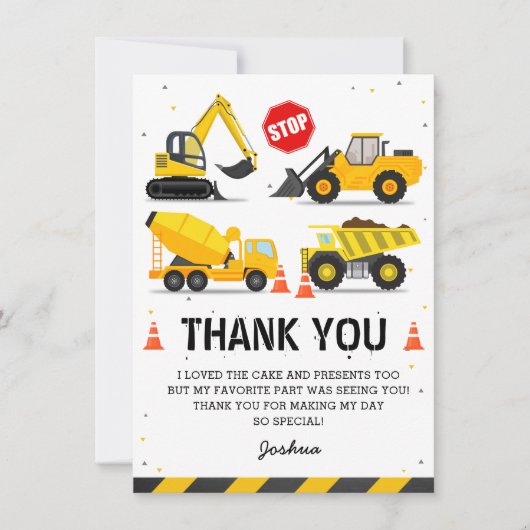 Carte De Remerciements Thème de construction Camions Anniversaire de enfa