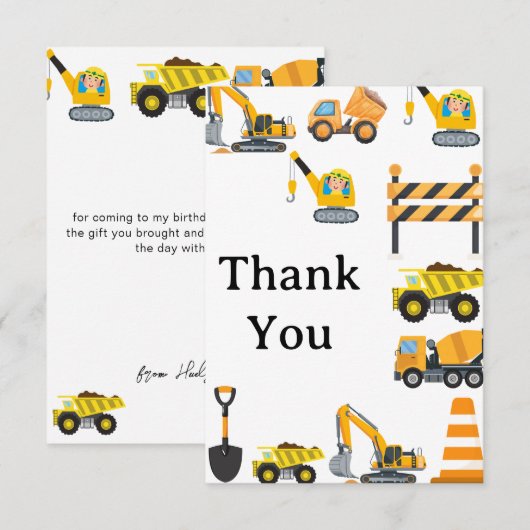 Carte De Remerciements Thème de fête d'anniversaire Construction pour gar (Devant / Derrière)