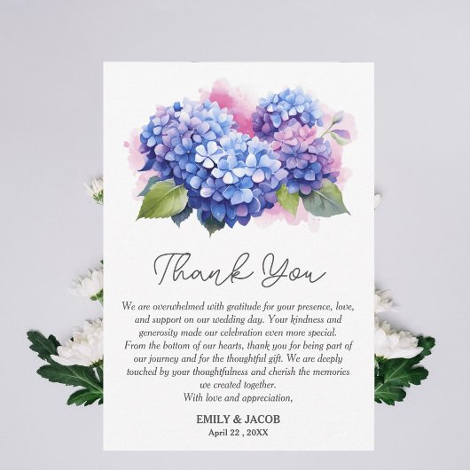 Carte De Remerciements Thème de mariage floral Hortensia Bleu 