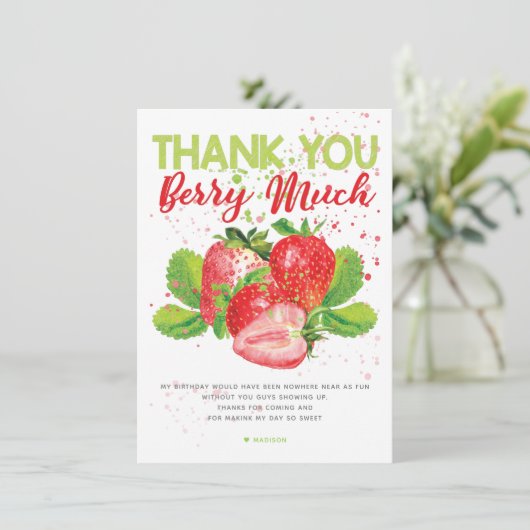 Carte De Remerciements Thème fraise Anniversaire (Debout devant)