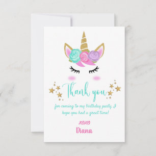 Carte De Remerciements Thème licorne pour l'anniversaire d'une fille