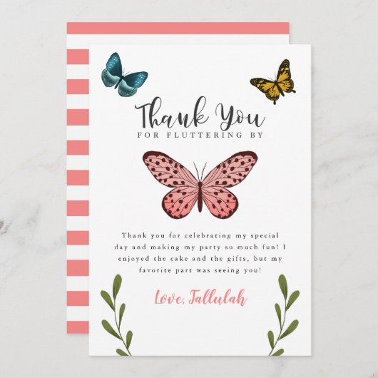 Carte De Remerciements Thème Papillon Fête d'anniversaire pour filles (Devant / Derrière)