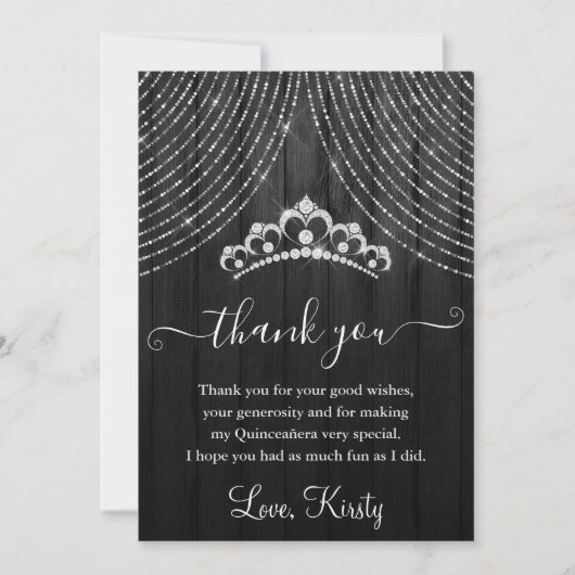 Carte De Remerciements Tiara en diamant d'argent sur Quinceanera en bois  (Devant)