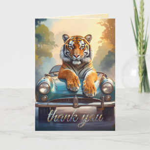 Carte De Remerciements Tigre assis sur une voiture de sport