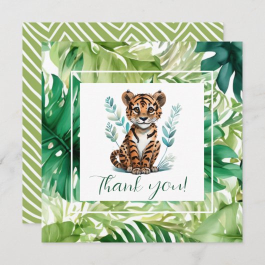 Carte De Remerciements Tigre tropical et Baby shower de feuillage de la J (Devant / Derrière)