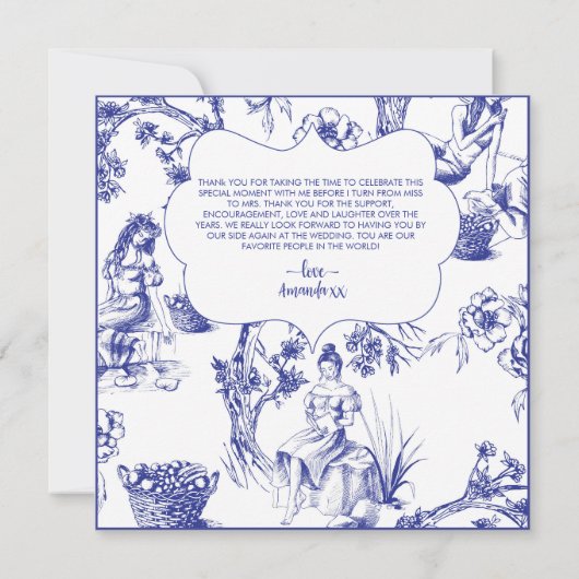 Carte De Remerciements Toile bleue et blanche de Jouy Fête des mariées (Dos)