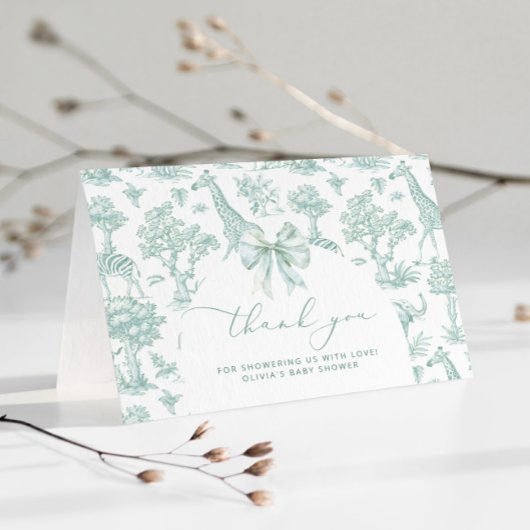 Carte De Remerciements Toile de Jouy Safari Baby shower vert Bow