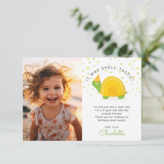 Carte De Remerciements Tortue, jaune vert, photo d'anniversaire d'enfant (Debout devant)