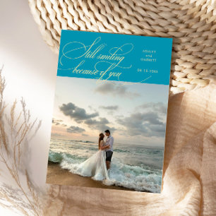 Carte De Remerciements Toujours Sourire Élégante Photo de Mariage Bleu Aq
