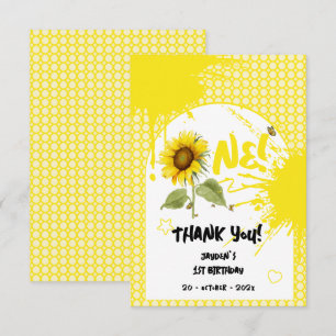 Carte De Remerciements Tournesol à l'aquarelle avec papillons 1er anniver