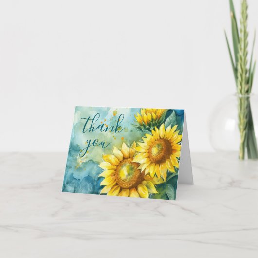 Carte De Remerciements Tournesol aquarelle sarcelle foncée (Devant)