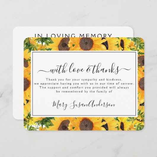Carte De Remerciements Tournesol en mémoire d'amour (Devant / Derrière)