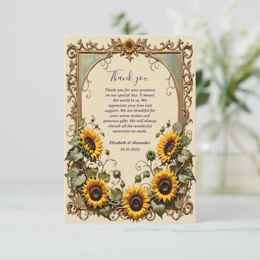 Carte De Remerciements Tournesol jaune avec cadre d'art mariage (Debout devant)