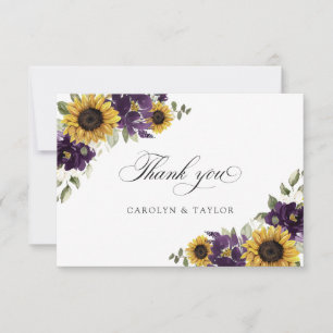 Carte De Remerciements Tournesol Mariage Rustique Floral Violet Pourpre