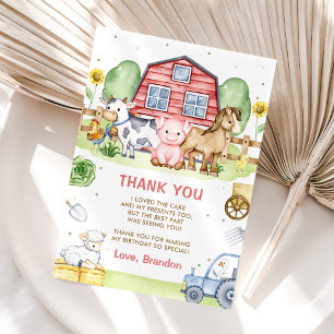 Carte De Remerciements Tracteur Animaux de ferme 1er anniversaire