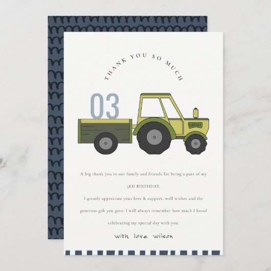 Carte De Remerciements Tracteur de ferme vert bleu mignon pour enfants d' (Devant / Derrière)